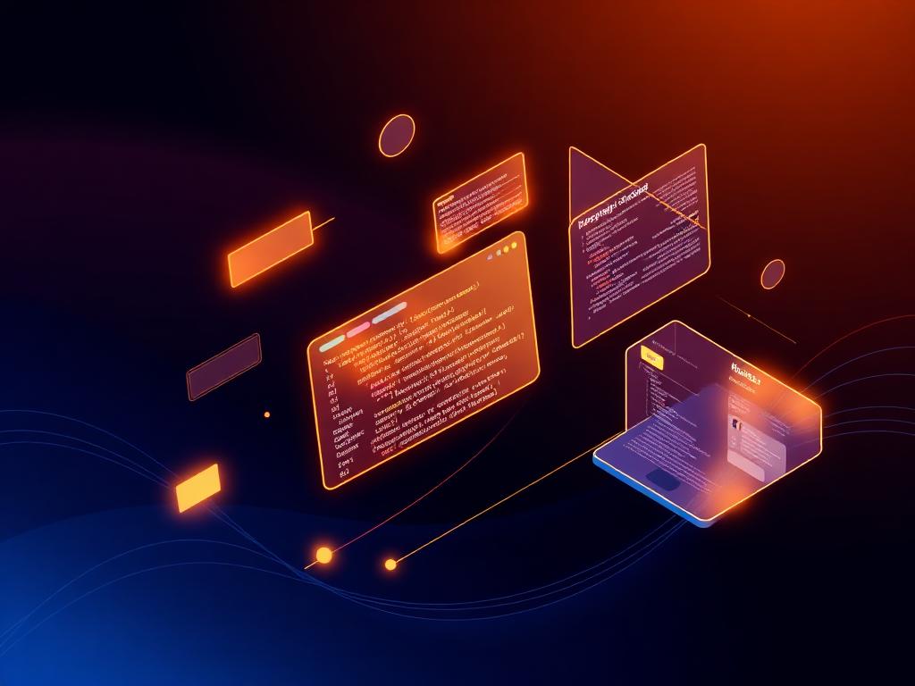 Animated illustration of code editors and application modules